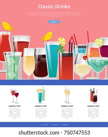 Classic drinks web poster with samples of alcoholic beverages in glasses with place for text vector illustration advertisement banner