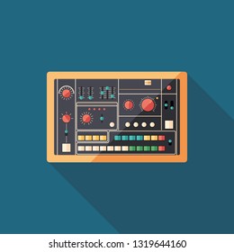 Classic drum machine flat square icon with long shadows.