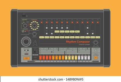 Classic drum machine instrument on orange background. Analog synth. Vector illustration.