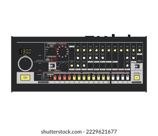 Classic drum machine instrument on white background. Analog synth. Vector illustration.