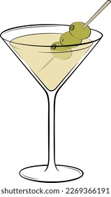 Classic Dry Martini Cocktail with green olives garnish. Classic alcoholic beverage vector illustration