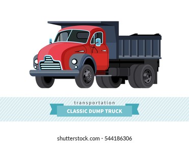 Classic dump truck front side view. Dumper vector isolated illustration