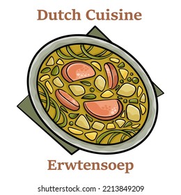 Classic Dutch pea soup erwtensoep, snert closeup in the plate on white backgrund