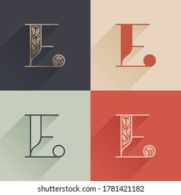 Classic E letter logo with premium decoration. Four style serif font set. Vector icon perfect to use in any alcohol labels, glamour posters, luxury identity, etc.