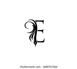 Classic E Pen Logo Icon, calligraphic E Pencil Letter Design.