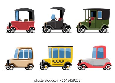 Classic early 20th-century vintage car vehicles set cartoon illustration . Flat design . Isolate on white background . Vector .