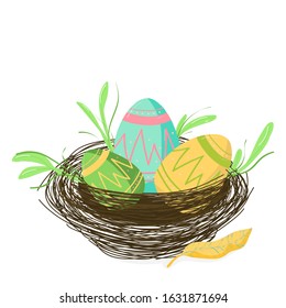 Classic easter decor. Nest with Easter eggs, decoration for postcard, greeting cardc, print, hand draw