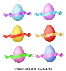 Classic easter eggs and silky ribbon. Isolated design elements for Easter holidays banner and greeting cards. Realistic vector illustration