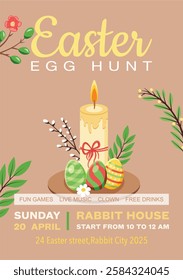 A classic Easter poster featuring a festive candle, decorated eggs, and willow branches. Perfect for religious holiday promotions, church events, and family celebrations.