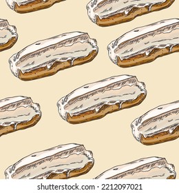 Classic Eclair Hand Drawn Sketch Seamless Pattern