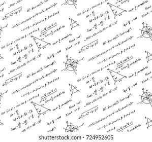 Classic education background. Trigonometry law theory and mathematical formula equation on whiteboard. Vector hand-drawn seamless pattern.