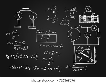 Classic education and scientific background. Physics law theory and mathematical formula equation on blackboard. Vector hand-drawn illustration.