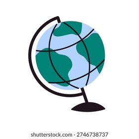 Classic educational globe illustration representing world geography and global learning tools, simple classroom object isolated on white background flat vector design.