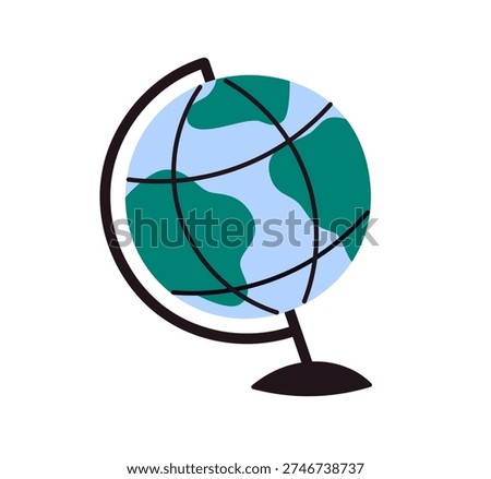 Classic educational globe illustration representing world geography and global learning tools, simple classroom object isolated on white background flat vector design.