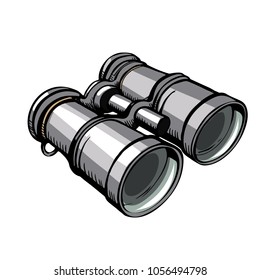 Classic effective hand-held rough metallic black binoculars isolated on white. Color 3D vector illustration.
