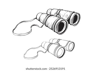 Classic efficient hand rough metallic black binocular isolated on white. Vector freehand ink drawn background sketch in scribble antiquity style of pen on paper. View close-up with space for text