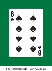 Classic eight of spades playing card design with black spade symbols and numbers on a white card background, placed over a green surface. Vector illustration