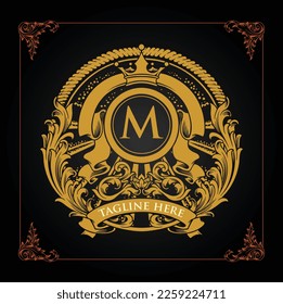 Classic elegant gold badge crown shield flourish illustration vector illustrations for your work logo, merchandise t-shirt, stickers and label designs, poster, greeting cards advertising business