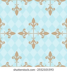 Classic Elegant Luxury Golden Cross on Light Blue Argyle Background. Embroidery Exquisitely Detailed Seamless Pattern Vector. Elaborate Rich  for Expensive Classy Look Manly, Necktie, Carpet, Ornate