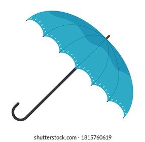 Classic elegant opened blue umbrella lies on its side on white background. Bright canopy with a wooden curved handle, the object serves to protect a person in the rain weather