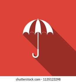 Classic elegant opened umbrella icon isolated with long shadow. Rain protection symbol. Flat design. Vector Illustration