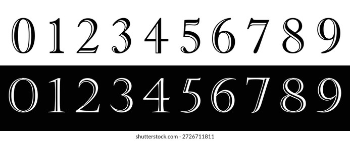 Conjunto de números serif elegantes clásicos 0-9 en estilo de contorno blanco y negro.