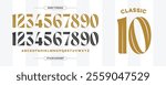 Classic elegant sport jersey number in gold and black. Custom stylish numbers design with uppercase character. Isolated in white and light grey stripes background