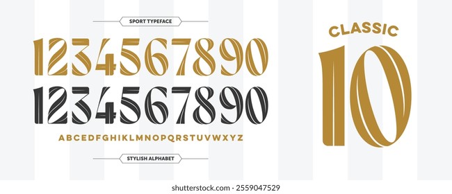 Classic elegant sport jersey number in gold and black. Custom stylish numbers design with uppercase character. Isolated in white and light grey stripes background