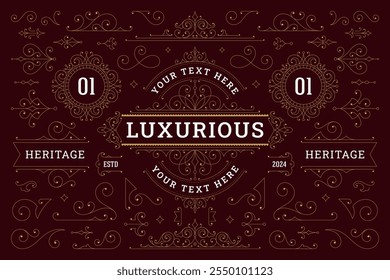 Clásico elegante remolino floral adornado dorado viejo estilo elemento de diseño conjunto Ilustración vectorial. Florece el vintage scroll caligráfico de la decoración del texto del logotipo del marco del divisor de la esquina para la tarjeta de felicitación