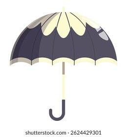 Classic elegant umbrella with a black and white design is protecting from the rain outdoors