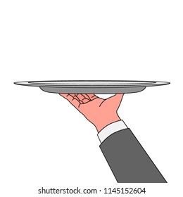 Classic elegant waitress server palm give salver on white backdrop. Freehand outline black ink drawn order logo sign sketchy in retro art doodle cartoon silhouette etch style with space for text