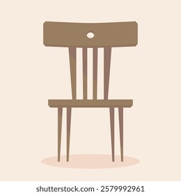 Classic elegant wooden chair flat illustration with clean shadows, brown color and nice rail design. Editable flat vector design of a chair made of wood ready to sit on