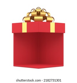 Clásica elegante caja de regalo realista roja envuelta con cinta metálica de arco dorado 3d ilustración vectorial isométrica. Increíble paquete de cartón cuadrado tradicional cumpleaños, felicitaciones navideñas