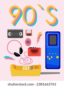 Classic elements of the 80s 90s. Vector illustration. Retro style. 90s retro elements set