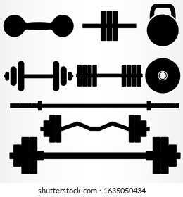 Classic elements of a sports hall. A set of nine elements of different barbell and dumbbells. Vector illustration.