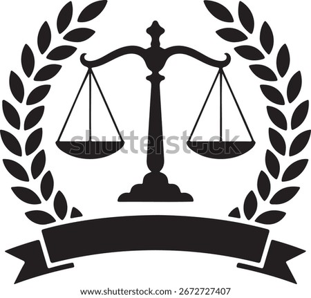 A classic emblem featuring justice scales, a laurel wreath, and a banner, suitable for legal or ceremonial themes.