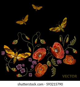 Classic embroidery pattern swallowtail flowers peonies. Embroidery, poppies and butterflies vector template 