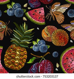 Classic embroidery watermelon, pineapple, plums, berries, butterflies, summer seamless pattern. Embroidery fruit seamless pattern. Template for clothes, textiles, t-shirt design