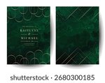 Classic emerald marble stone surface vector design backgrounds. Dark green geode wedding invitations. Precious gem card texture. Golden glitter art. Malachite save the date. Elegant luxurious template