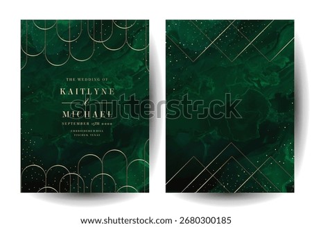 Classic emerald marble stone surface vector design backgrounds. Dark green geode wedding invitations. Precious gem card texture. Golden glitter art. Malachite save the date. Elegant luxurious template