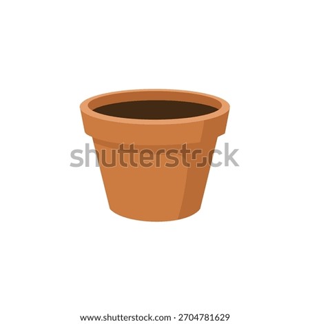 Classic empty terracotta clay flower pot filled with dark soil, rendered in a flat design vector illustration, representing gardening, planting, horticulture, and home cultivation.