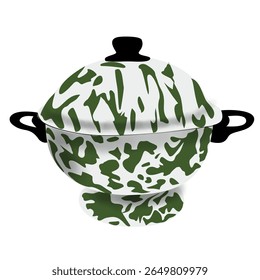 Ilustração de pote de vapor de esmalte clássico com tampa e motivo verde tradicional, ótimo para utensílios de cozinha retro ou projetos de vetor cultural.