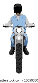 Classic enduro motorcycle with sitting rider wearing helmet and jeans jacket front view isolated on white color vector illustration