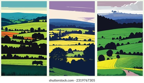 Classic English Countryside Idyllic Rural Landscape In A Bygone Era set collection of abstract vector illustration