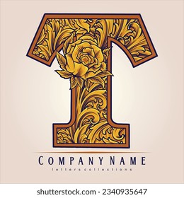 Classic engraved monogram ornament letter initial T  vector illustrations for your work logo, merchandise t-shirt, stickers and label designs, poster, greeting cards advertising business company brand