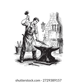 Gravura clássica de ferreiro forjando ferro na bigorna — Estilo de gravura vintage.