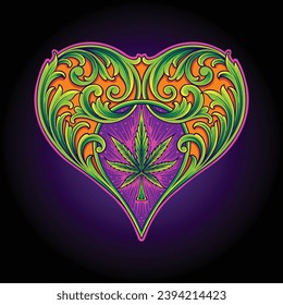 Classic engraving floral cannabis heart shaped vector illustrations for your work logo, merchandise t-shirt, stickers and label designs, poster, greeting cards advertising business company or brands