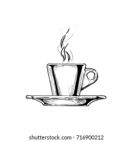 Classic espresso cup on a saucer with steam. Vector illustration in vintage engraved style. isolated on white background. 