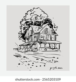 
Classic European and American traditional house in ink sketch art and line drawing for cover, artprint, art display, wall decoration, background, wallpaper, book, invitation card, postcard, graphic