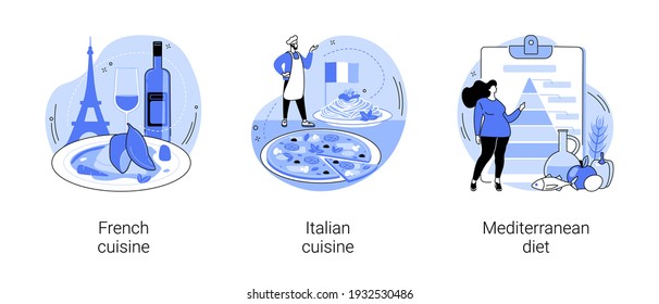 Classic european cuisine abstract concept vector illustration set. French and Italian cuisine, Mediterranean diet, fine dining restaurant, spaghetti recipe, healthy diet, gourmet abstract metaphor.